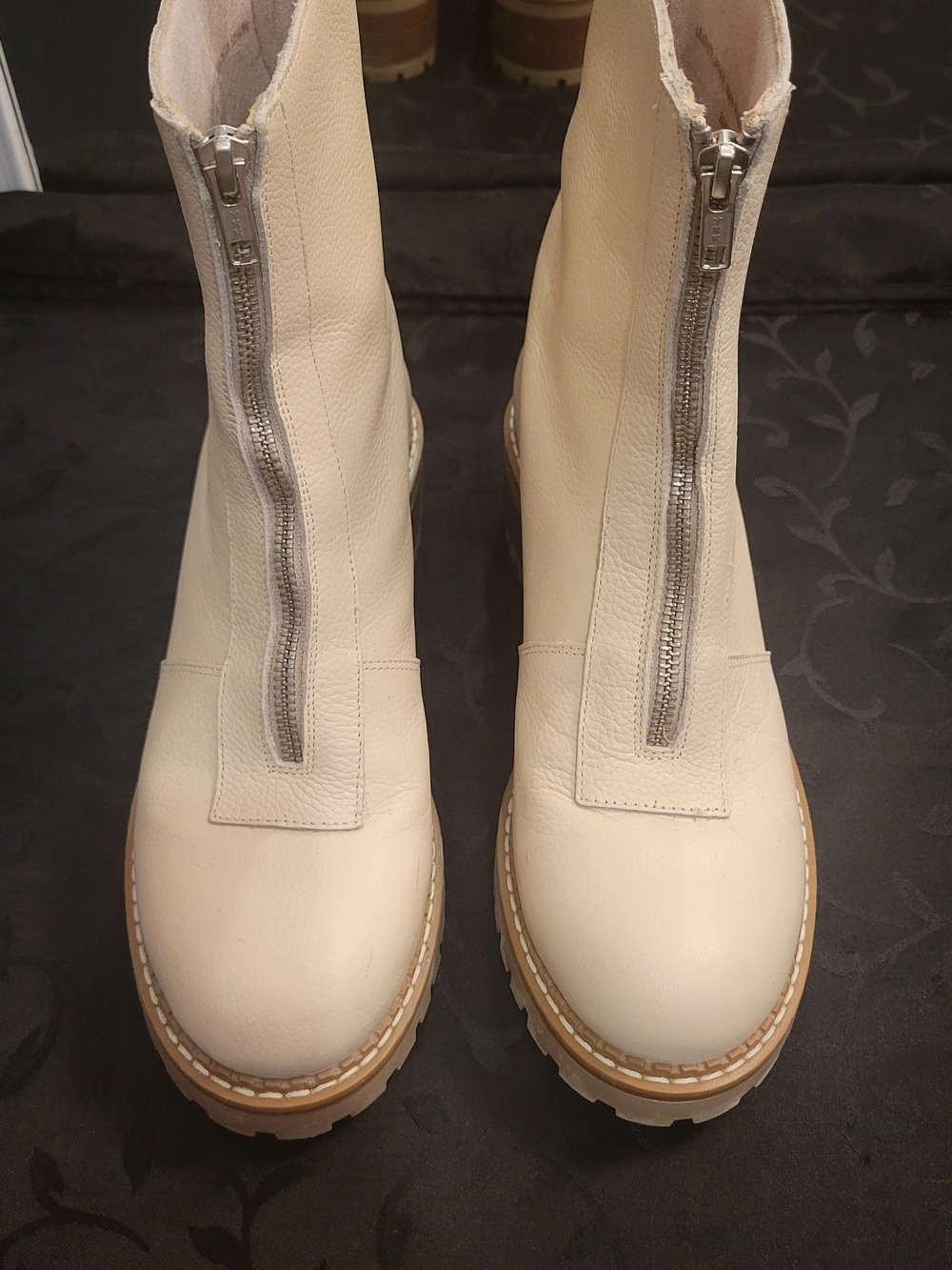 Cream Front-Zip Women's Leather Ankle Boots